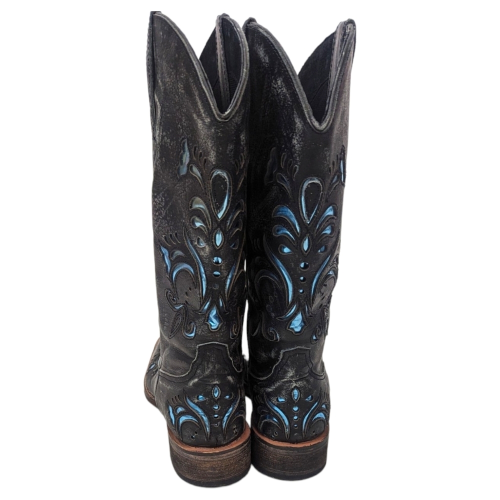 Roper Leather Cutout Western Boots Womens  7 Cowboy Distress Black Blue Metallic - Picture 13 of 13